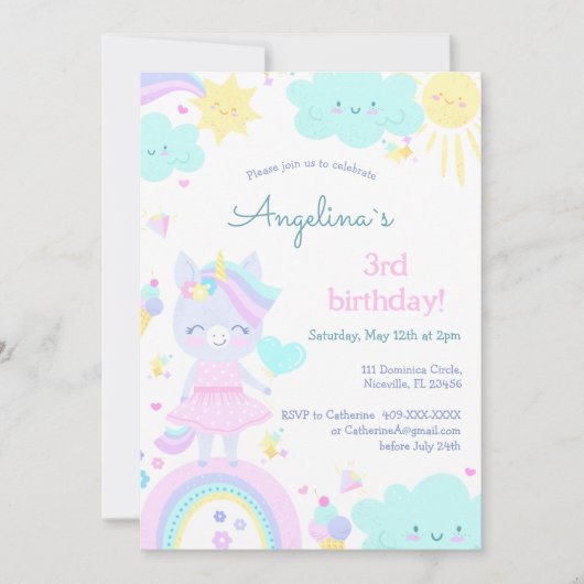 ユニコーンで3回目の誕生日おもしろい招待状。 招待状 (正面)