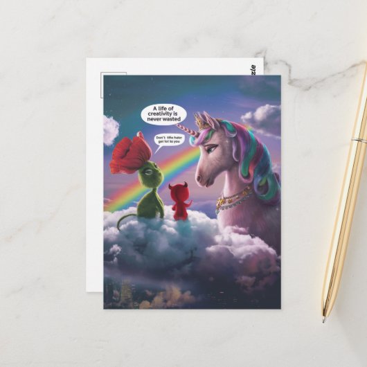 ユニコーンとかわいいクリッター、創造の世界 ポストカード (正面/裏面インサイチュ)