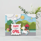 ユニコーンとウサギの風景 ファーストバースデー 招待状 (スタンド正面)