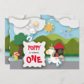 ユニコーンとウサギの風景 ファーストバースデー 招待状 (正面/裏面)