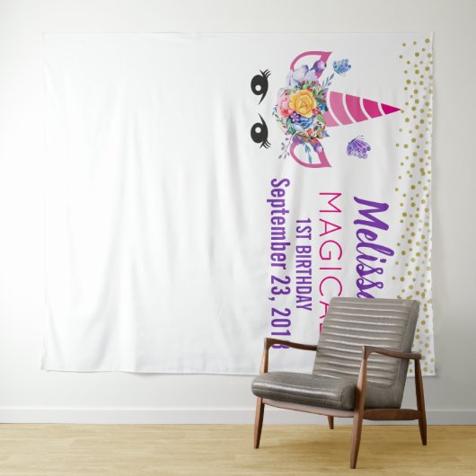 ユニコーンとコンフェッティの誕生日写真用背景 タペストリー (インサイチュ(横))