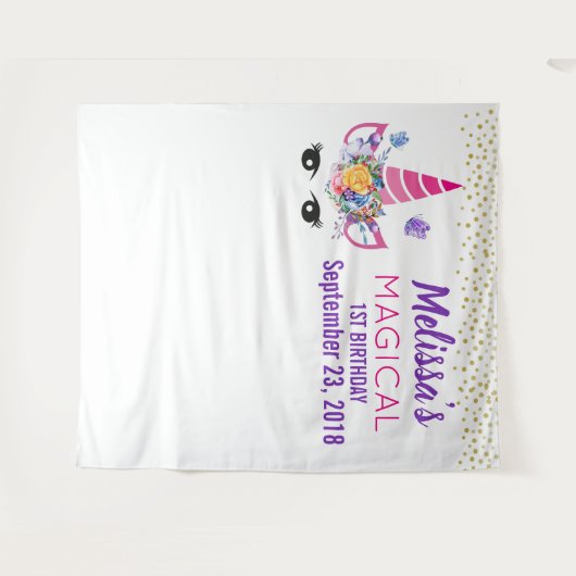 ユニコーンとコンフェッティの誕生日写真用背景 タペストリー (正面(横))