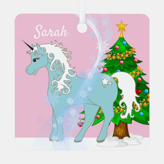 ユニコーンとサンタクロースのクリスマスツリー名を追加 メタルオーナメント (裏面)