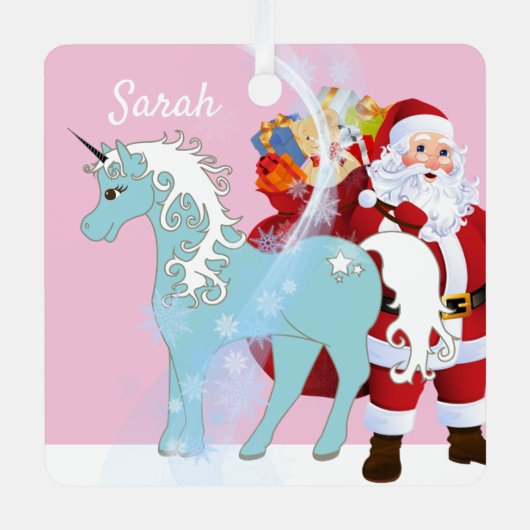 ユニコーンとサンタクロースのクリスマスツリー名を追加 メタルオーナメント (正面)