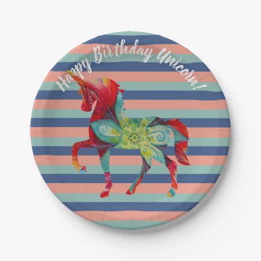 ユニコーンとストライプ誕生日紙プレート ペーパープレート (正面)
