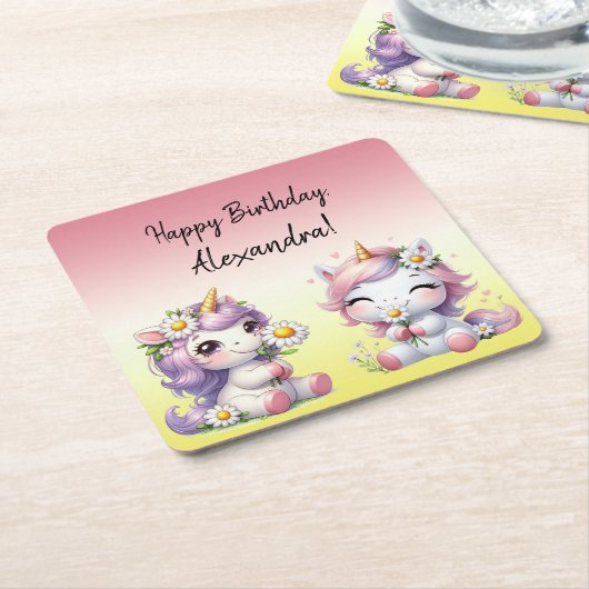 ユニコーンとデイジー、「ハッピーバースデー」 スクエアペーパーコースター (アングル)