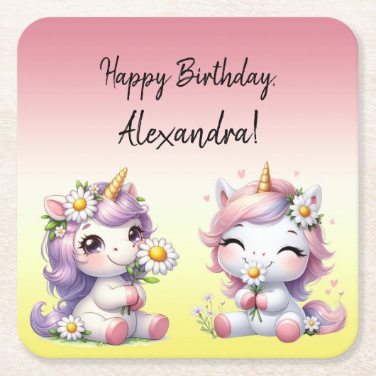 ユニコーンとデイジー、「ハッピーバースデー」 スクエアペーパーコースター (正面)