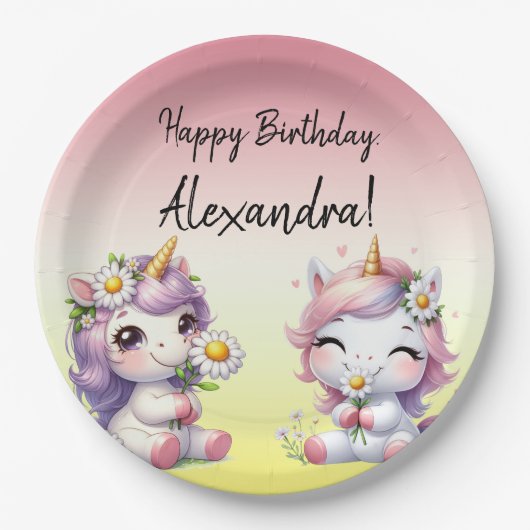 ユニコーンとデイジー、「ハッピーバースデー」パーティー ペーパープレート (正面)