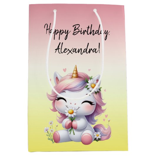 ユニコーンとデイジー、「ハッピーバースデー」 ミディアムペーパーバッグ (正面)