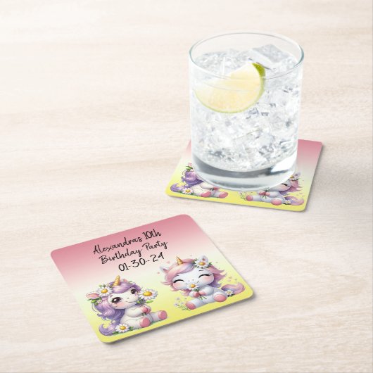 ユニコーンとデイジー、子供の誕生日パーティー スクエアペーパーコースター (インサイチュ)
