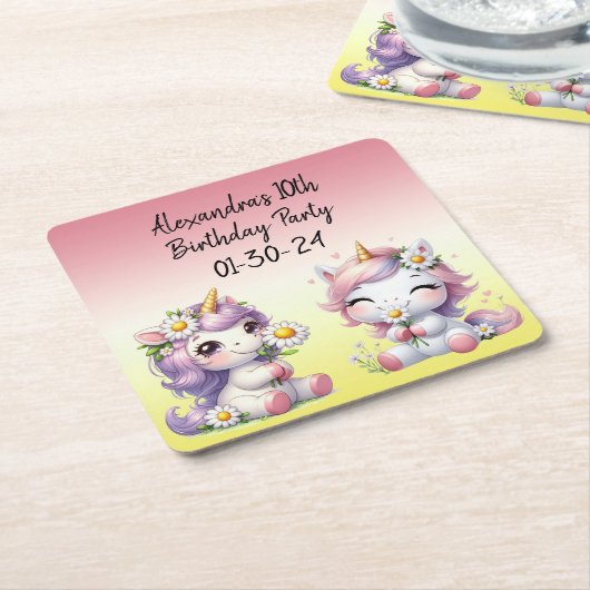 ユニコーンとデイジー、子供の誕生日パーティー スクエアペーパーコースター (アングル)