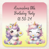 ユニコーンとデイジー、子供の誕生日パーティー スクエアペーパーコースター (正面)