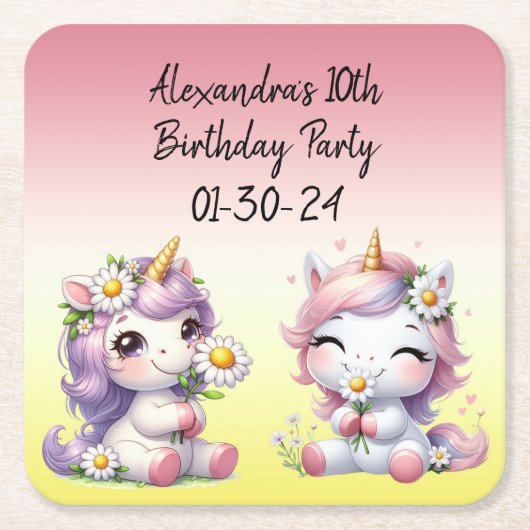 ユニコーンとデイジー、子供の誕生日パーティー スクエアペーパーコースター (正面)
