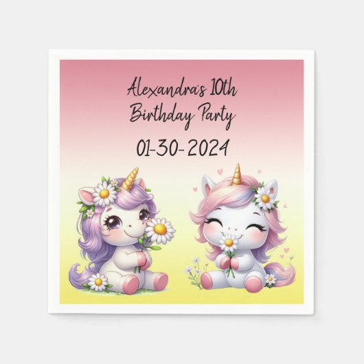 ユニコーンとデイジー、子供の誕生日パーティー スタンダードカクテルナプキン (正面)