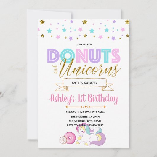 ユニコーンとドーナツのパーティー招待状 招待状 (正面)