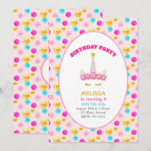 ユニコーンとハッピーな顔がピンクの誕生日パーティー 招待状 (正面/裏面)