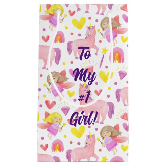 ユニコーンとパターン（の模様が）ある妖精 スモールペーパーバッグ (正面)