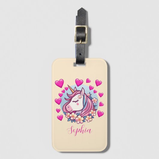 ユニコーンとピンクのハートと花，名前，クリーム ラゲッジタグ (正面縦)