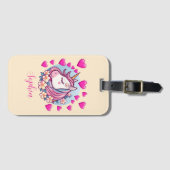 ユニコーンとピンクのハートと花，名前，クリーム ラゲッジタグ (正面横)