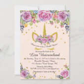 ユニコーンとピンクの花を飾ってお姫様をお祝いしよう 招待状 (正面)
