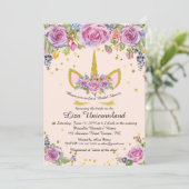 ユニコーンとピンクの花を飾ってお姫様をお祝いしよう 招待状 (スタンド正面)
