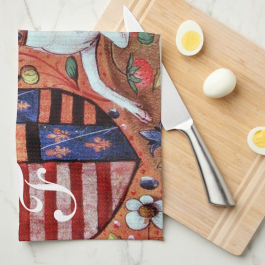 ユニコーンとファンタジーの花,フローラモチフモノグラム キッチンタオル (四つ折り)