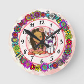 ユニコーンとフェアリーお洒落フォークアートガールズ ラウンド壁時計 (正面)