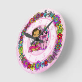 ユニコーンとフェアリーお洒落フォークアートガールズ ラウンド壁時計 (傾斜)
