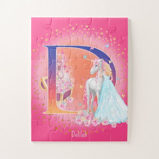 ユニコーンとプリンセスと城文字Dモノグラム ジグソーパズル (縦)