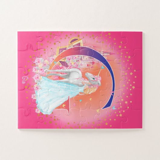 ユニコーンとプリンセスと城文字Gモノグラム ジグソーパズル (横)