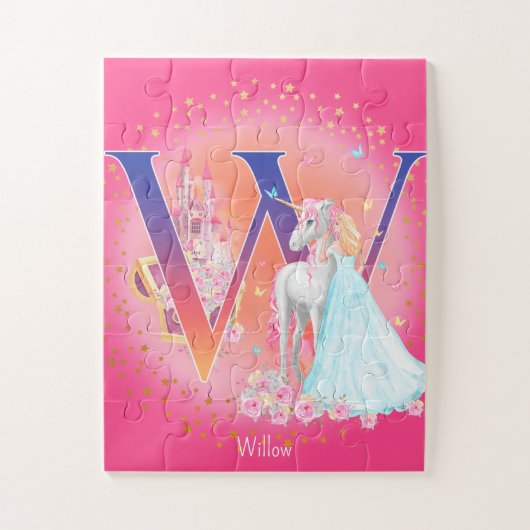 ユニコーンとプリンセスと城文字Wモノグラム ジグソーパズル (縦)