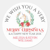 ユニコーンとポインセチア・メリークリスマスタイポグラフィ ラウンドシール (正面)