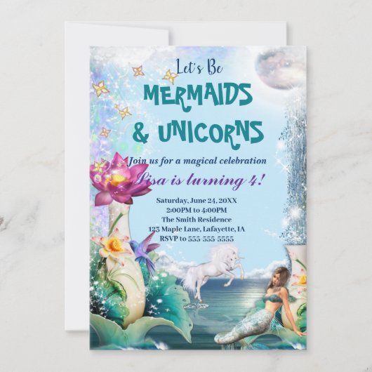 ユニコーンとマーメイドの誕生日パーティーの招待 招待状 (正面)