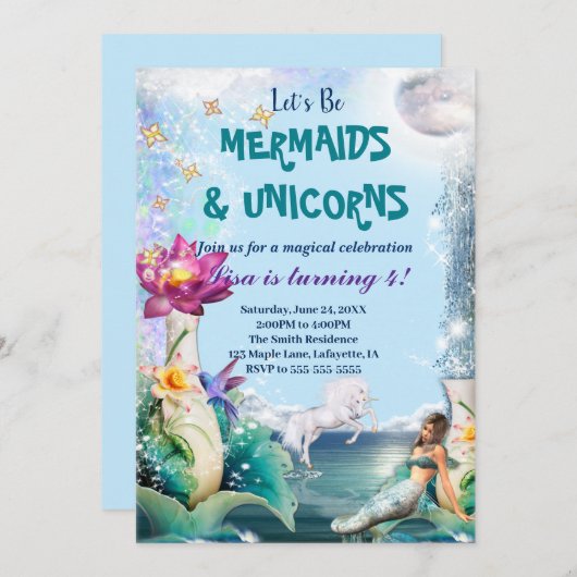 ユニコーンとマーメイドの誕生日パーティーの招待 招待状 (正面/裏面)