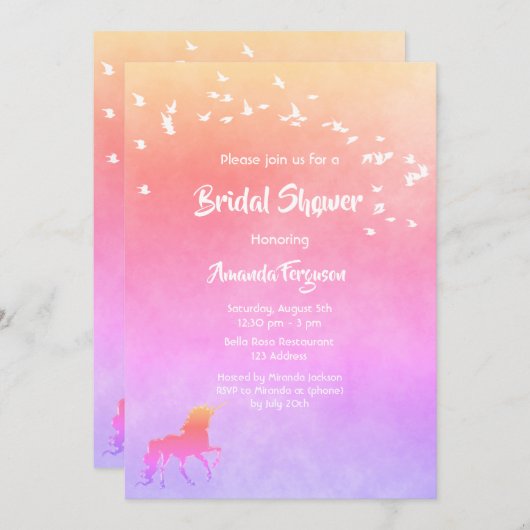 ユニコーンとレインボーカラーブライダルシャワー 招待状 (正面/裏面)