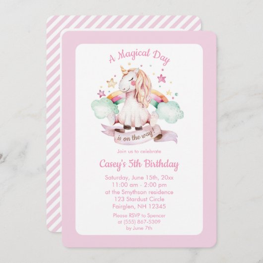 ユニコーンとレインボーピンクウォーター誕生日 招待状 (正面/裏面)