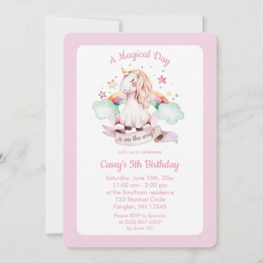 ユニコーンとレインボーピンクウォーター誕生日 招待状 (正面)