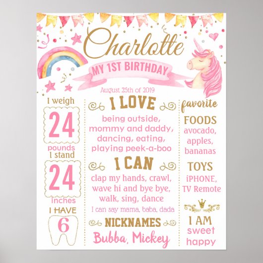 ユニコーンとレインボー誕生日ボード ポスター (正面)