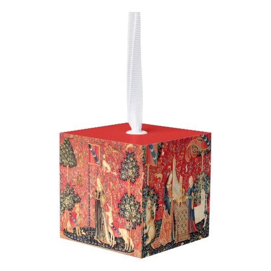 ユニコーンとレディの遊オルガン赤いクリスマス キューブオーナメント (裏面アングル)