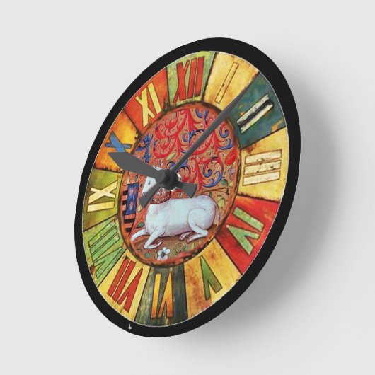 ユニコーンと中世の花,ファンタジーフローラモチーフ ラウンド壁時計 (傾斜)