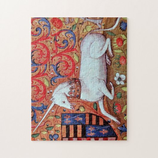 ユニコーンと中世ファンタジーの花，フローラモチーフ ジグソーパズル (縦)