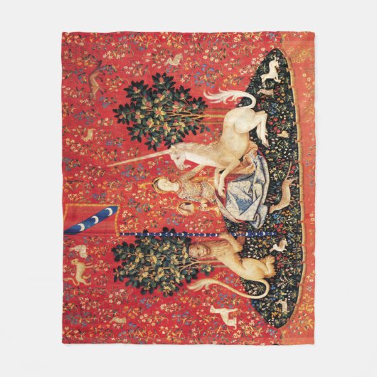ユニコーンと中世ファンタジーの花，フローラモチーフ フリースブランケット (正面)