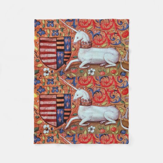ユニコーンと中世ファンタジーの花,フローラモチーフ フリースブランケット (正面)
