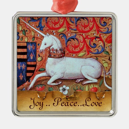 ユニコーンと中世ファンタジーの花，フローラモチーフ メタルオーナメント (正面)