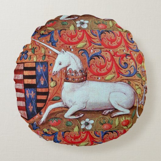 ユニコーンと中世ファンタジーの花,フローラモチーフ ラウンドクッション (正面)
