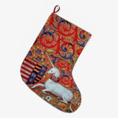 ユニコーンと中世ファンタジーの花，フローラモチーフ ラージクリスマスストッキング (正面 (吊り時))