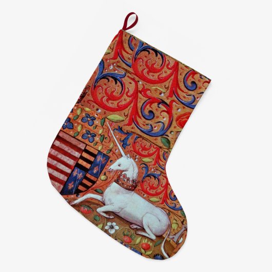 ユニコーンと中世ファンタジーの花,フローラモチーフ ラージクリスマスストッキング (正面 (吊り時))