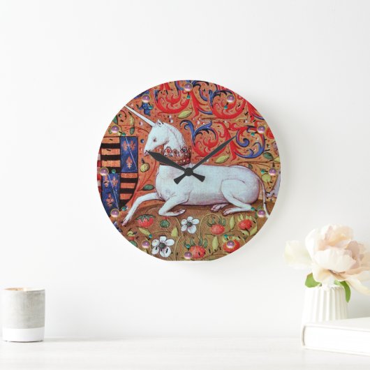 ユニコーンと中世ファンタジーの花，フローラモチーフ ラージ壁時計 (ホーム)