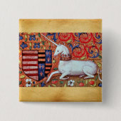 ユニコーンと中世ファンタジーの花，フローラモチーフ 缶バッジ (正面)