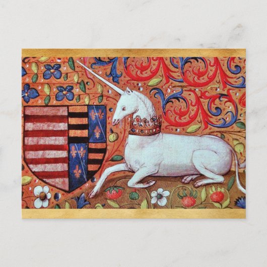 ユニコーンと中世ファンタジーの花、植物モチーフ ポストカード (正面)